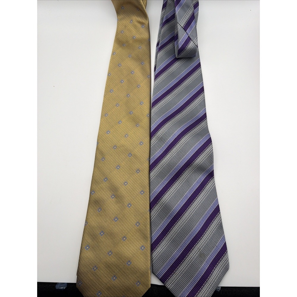 Lot 2 Maxim's de Paris Silk Ties Gold Floral & Purple Stripe Neckties